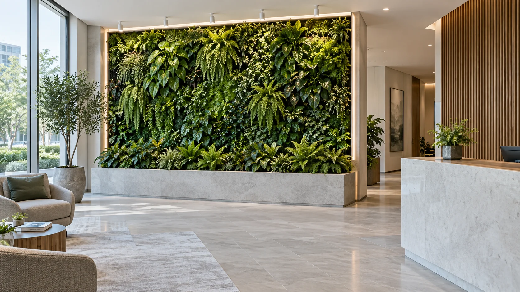 Concept of a hotel living wall with separate perimeter accent lighting and wall-directed luminaires
