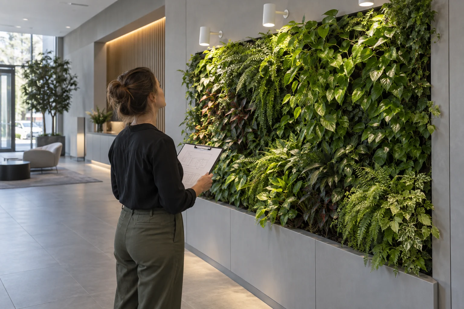 Concept of a landscape designer reviewing upper and lower foliage in a commercial living wall