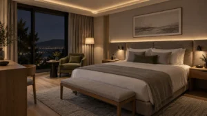 Concept of a hotel bedroom with warm concealed cove and headboard lighting