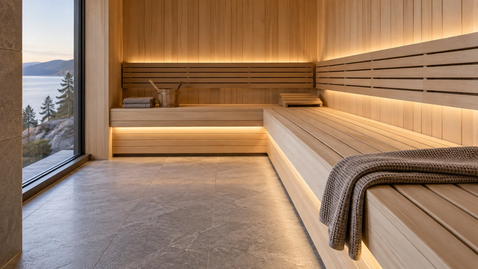 Concept of concealed warm-white linear lighting behind sauna backrests and below timber benches
