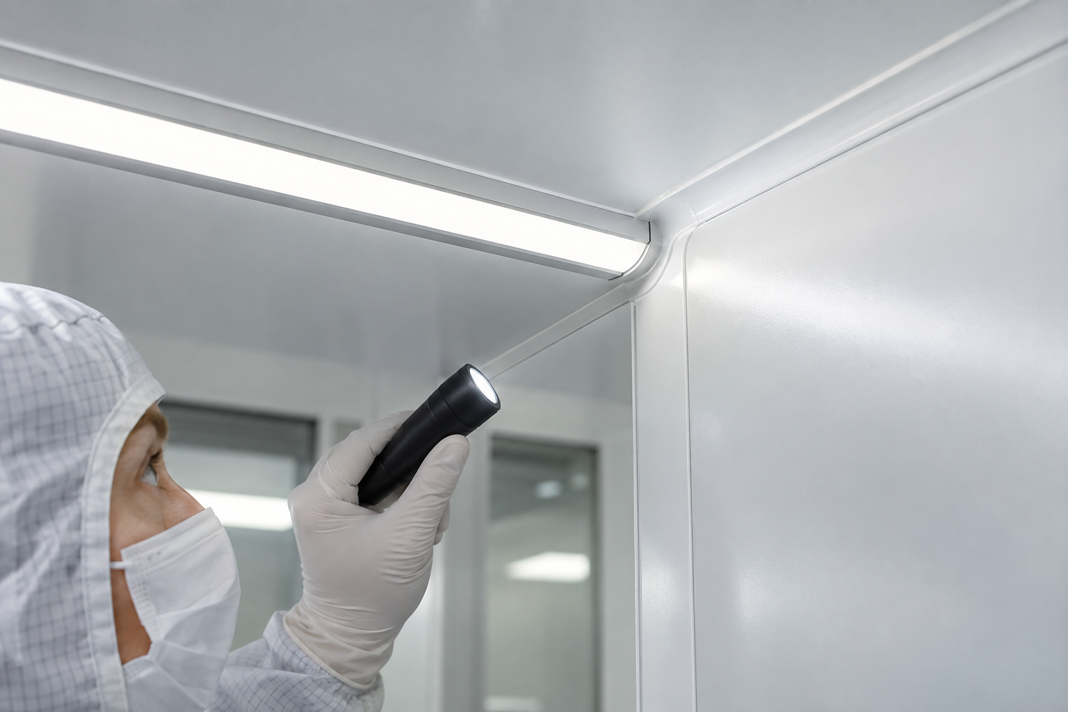 Technician inspecting a sealed linear LED profile at a cleanroom wall and ceiling junction