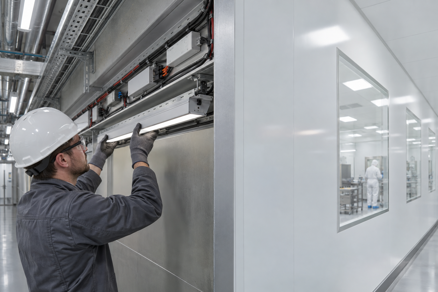 Technician servicing LED lighting hardware from a corridor outside a cleanroom