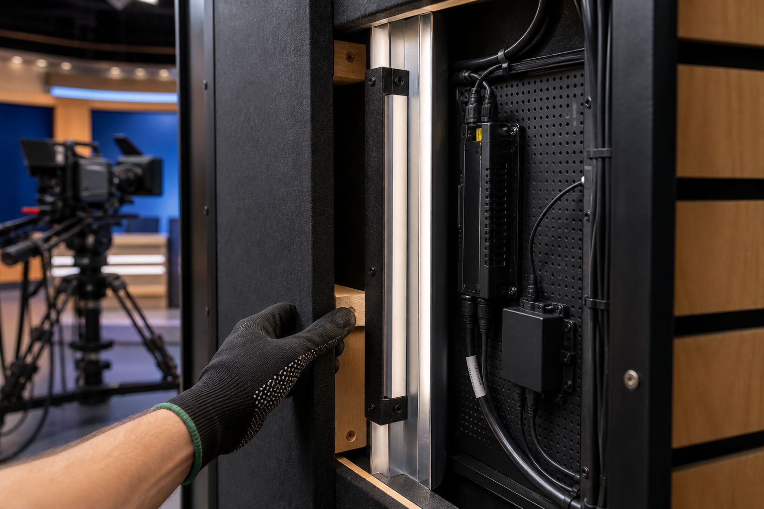 Serviceable LED strip profile and control hardware inside a modular broadcast set wall