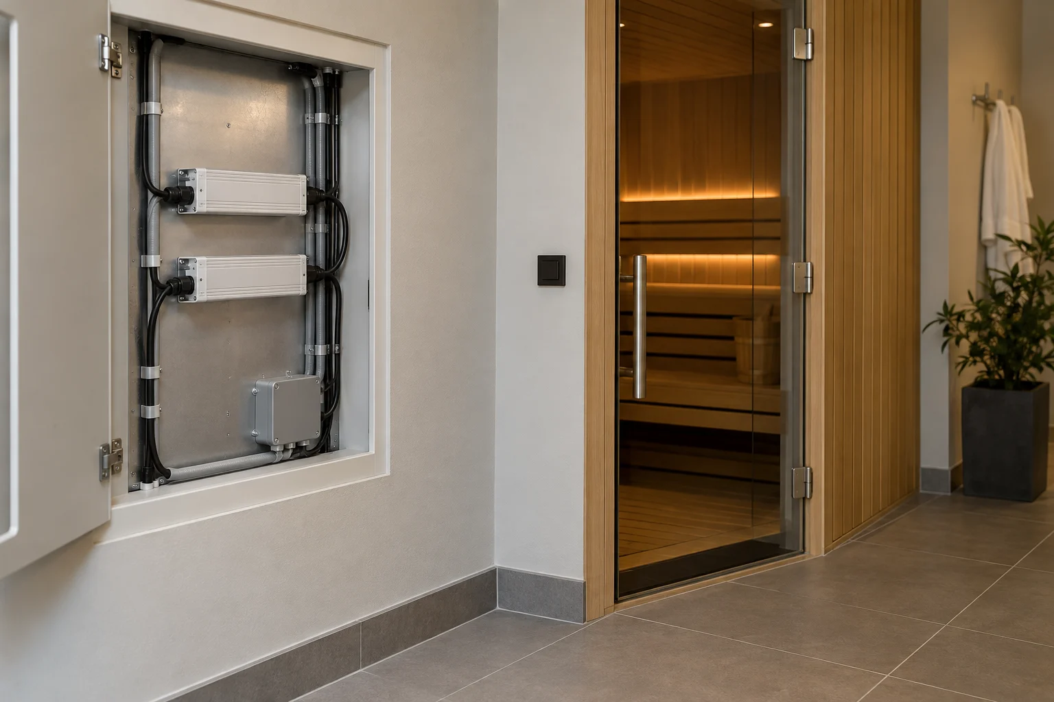 Concept of enclosed LED drivers in an accessible service cupboard outside a sauna room
