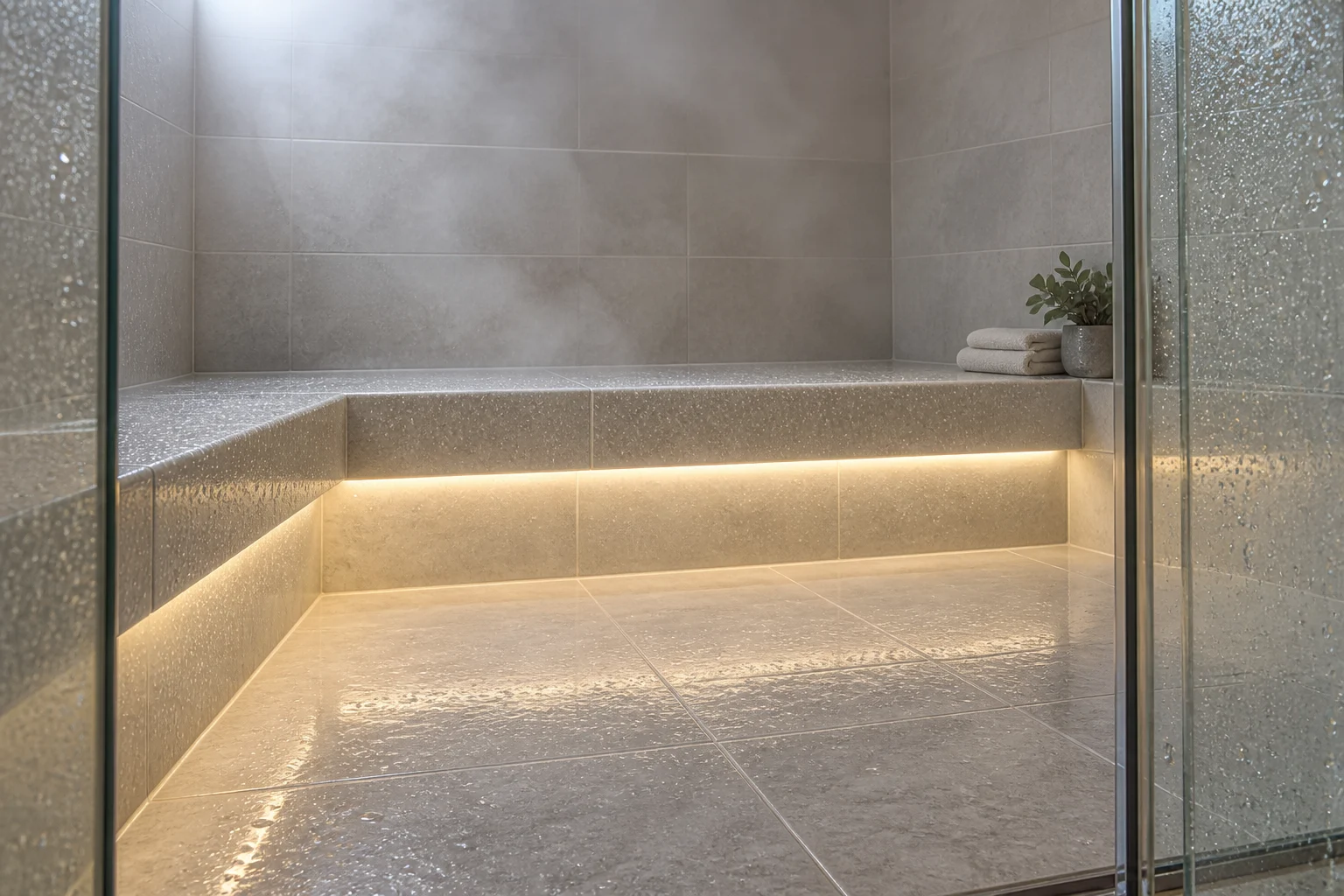 Concept of enclosed under-bench linear illumination in a tiled steam room with condensation