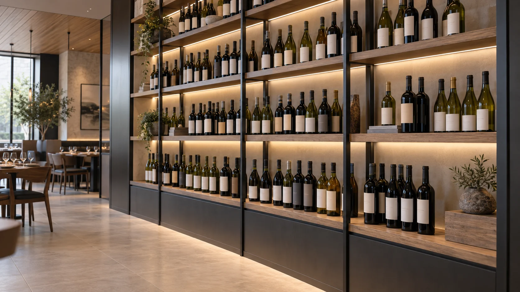 Restaurant wine-wall concept with linear shelf lighting and green and amber glass bottles