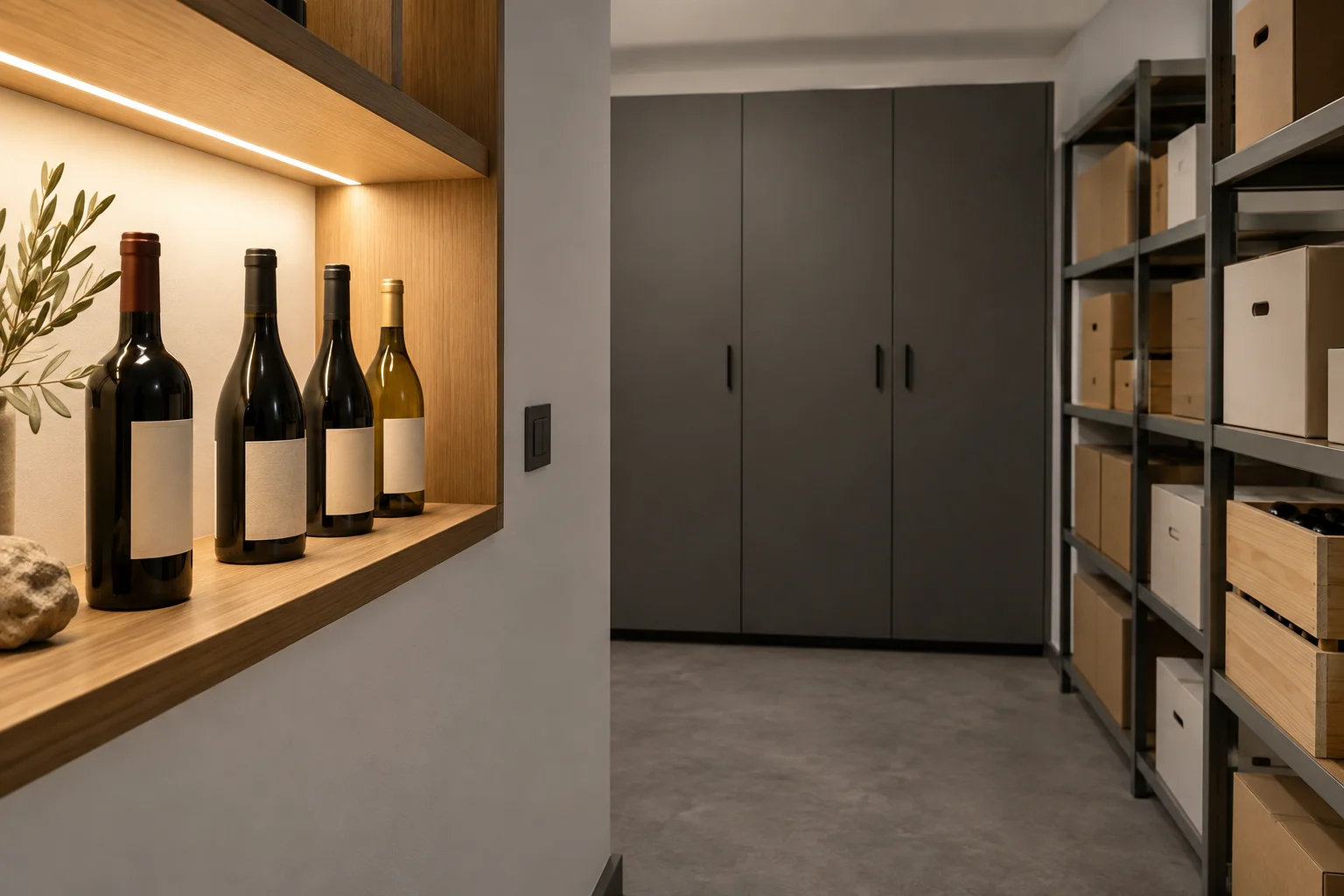 Concept of a small illuminated bottle display beside opaque reserve-storage cupboards and cartons