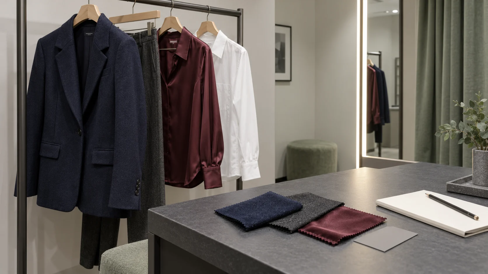 Illustrative fitting-room review set with navy wool, charcoal fabric, burgundy satin, white cotton, and textile swatches