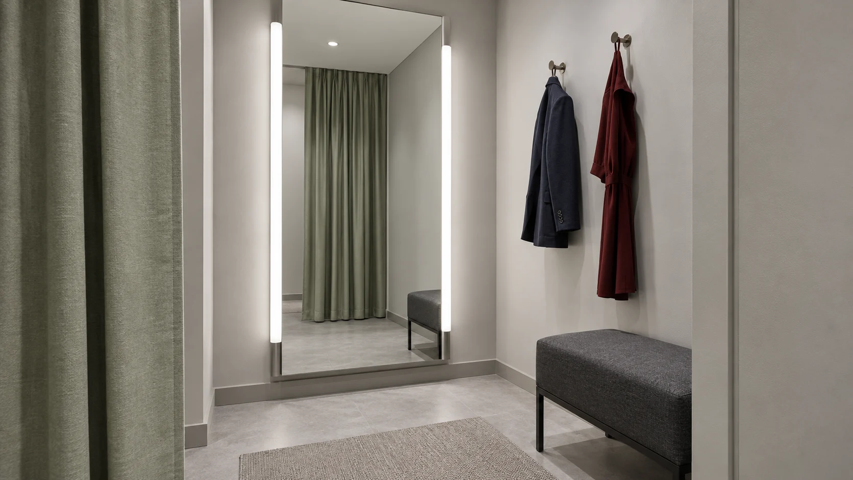 Retail fitting-room concept with two vertical diffused light lines beside a full-length mirror