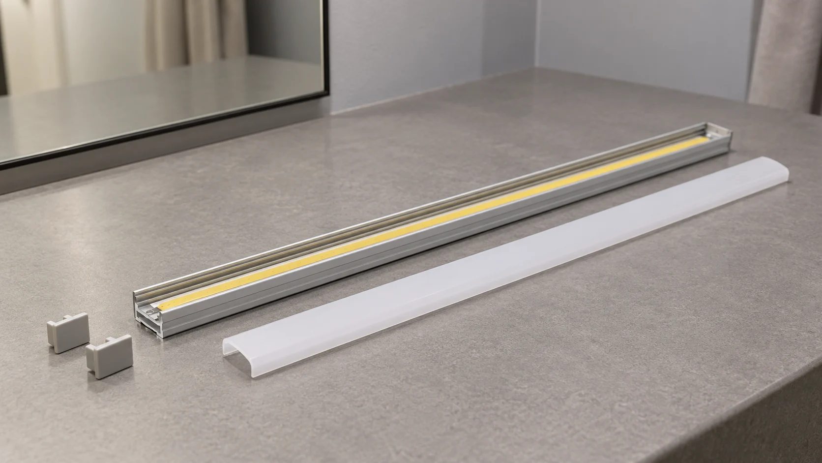 Generic unpowered LED channel sample with COB strip, separate opal diffuser, and end caps on a workbench