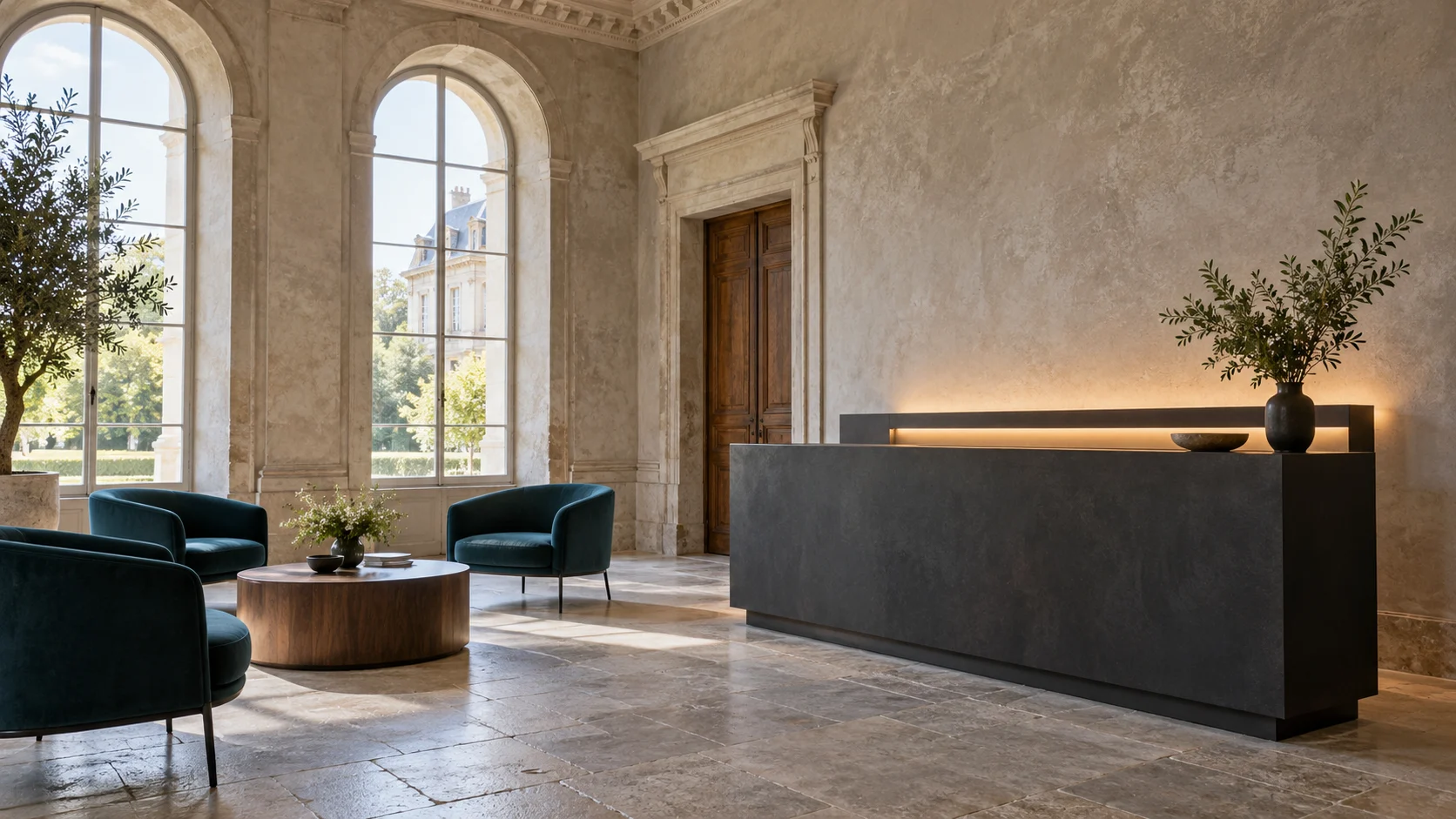Historic-interior concept with discreet linear lighting incorporated into a contemporary freestanding reception console