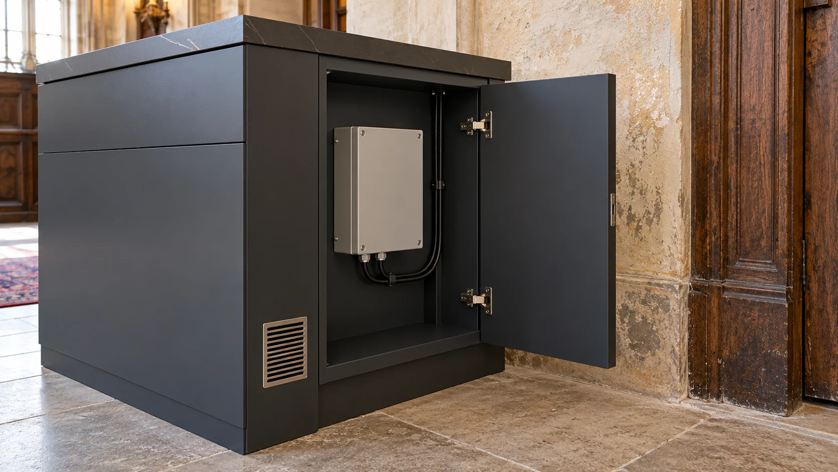 Maintenance-access concept inside new furniture, with a closed electrical enclosure and intact historic finishes nearby