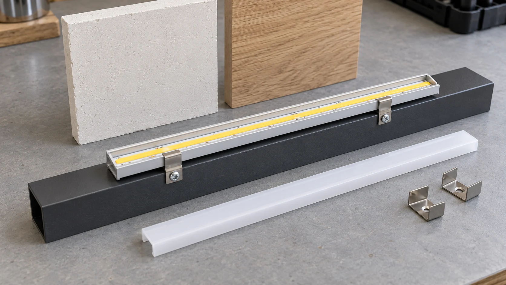 Generic unpowered LED channel mockup attached to a new metal carrier, with separate diffuser and sample boards on a workbench
